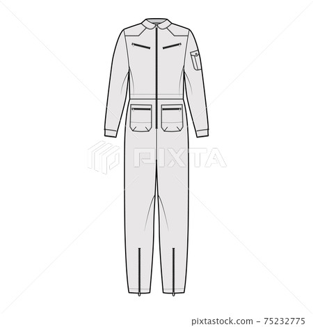 Aviator jumpsuit overall dungarees technical fashion illustration with full length, normal waist, zip pockets, oversized 75232775