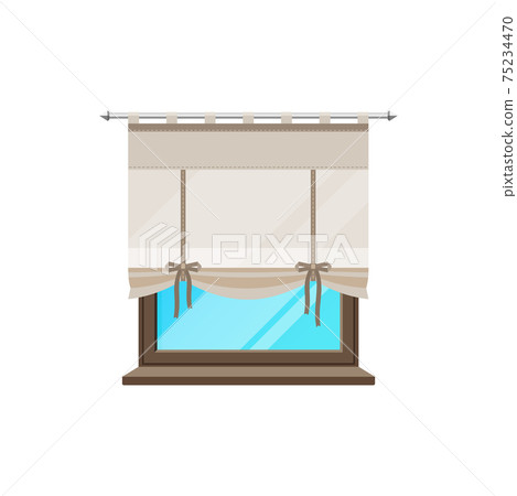 Window with curtain, blind drapes, folding shutter Window with curtain, blind drapes, folding shutter 75234470