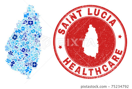 Health Care Vaccine Mosaic Saint Lucia Island Map and Rubber Health Care Rubber Stamp 75234792