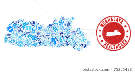Health Care Vaccine Mosaic Meghalaya State Map and Grunge Health Care Stamp 75235458