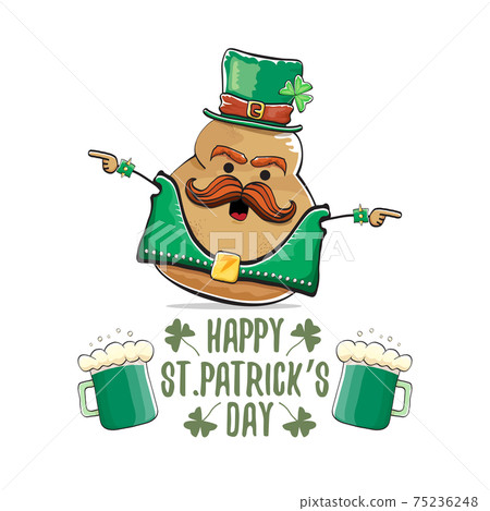 Happy Saint Patricks day greeting card with funky leprechaun rock star potato character with green particks hat and beer isolated on white background. Rock n roll hipster vegetable funky character Happy Saint Patricks day greeting card with funky leprechaun rock star potato character with green particks hat and beer isolated on white background. Rock n roll hipster vegetable funky character 75236248