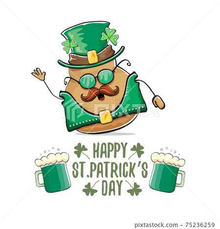 Happy Saint Patricks day greeting card with funky leprechaun rock star potato character with green particks hat and beer isolated on white background. Rock n roll hipster vegetable funky character Happy Saint Patricks day greeting card with funky leprechaun rock star potato character with green particks hat and beer isolated on white background. Rock n roll hipster vegetable funky character 75236259
