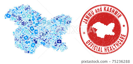Health Care Dose Mosaic Jammu and Kashmir State Map and Grunge Health Care Seal 75236288