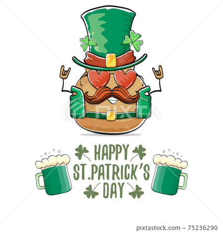 Happy Saint Patricks day greeting card with funky leprechaun rock star potato character with green particks hat and beer isolated on white background. Rock n roll hipster vegetable funky character 75236290