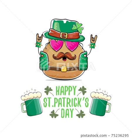 Happy Saint Patricks day greeting card with funky leprechaun rock star potato character with green particks hat and beer isolated on white background. Rock n roll hipster vegetable funky character 75236295