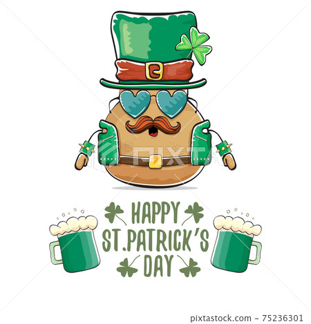Happy Saint Patricks day greeting card with funky leprechaun rock star potato character with green particks hat and beer isolated on white background. Rock n roll hipster vegetable funky character 75236301