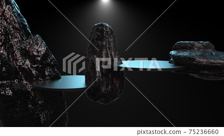 Abstract composition with podium and large stones, computer generated. 3d rendering background with pedestals and rocks 75236660