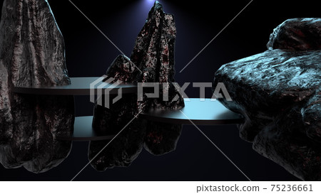 Abstract composition with podium and large stones, computer generated. 3d rendering background with pedestals and rocks 75236661