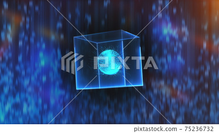 Neon cube with data center in zero gravity on an abstract background, computer generated 3d rendering 75236732