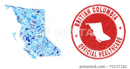 Health Care Vaccine Mosaic British Columbia Map and Grunge Health Care Watermaek 75237182