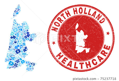 Health Care Dose Mosaic North Holland Map and Scratched Health Care Rubber Stamp 75237718