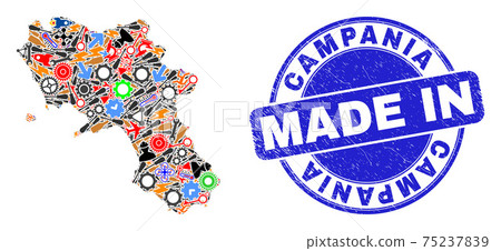 Industrial Collage Campania Region Map and Made in Scratched Seal 75237839