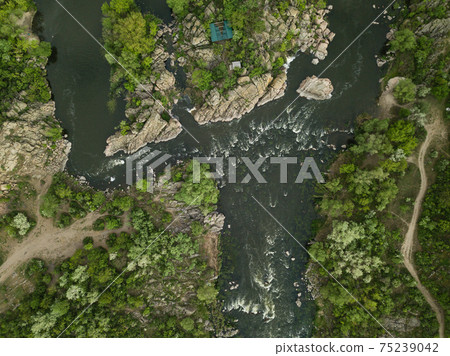 Aerial rocky landscape on Southern Bug River with rapids. Ukraine 75239042