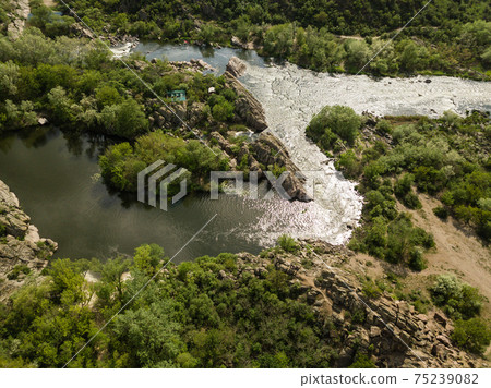 Aerial rocky landscape on Southern Bug River with rapids. Ukraine 75239082