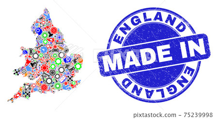 Production Mosaic England Map and Made in Scratched Stamp Seal Production Mosaic England Map and Made in Scratched Stamp Seal 75239998