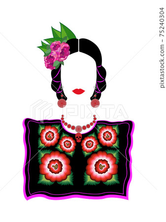 Mexican woman in TEHUANA clothing: Mexican huipil, ethnic blouse handmade, beautiful blouse with floral embroidery border. Latin ethnicity and flowers hairstyle, vector isolated on white background Mexican woman in TEHUANA clothing: Mexican huipil, ethnic blouse handmade, beautiful blouse with floral embroidery border. Latin ethnicity and flowers hairstyle, vector isolated on white background 75240304