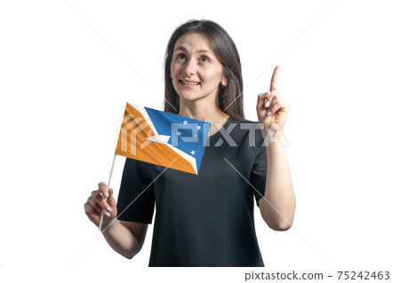 Happy young white woman holding flag of Argentine Antarctica and points thumbs up isolated on a white background Happy young white woman holding flag of Argentine Antarctica and points thumbs up isolated on a white background 75242463