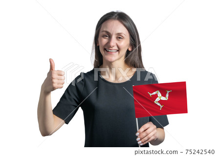 Happy young white woman holding flag of Isle of Man and shows the class by hand isolated on a white background Happy young white woman holding flag of Isle of Man and shows the class by hand isolated on a white background 75242540