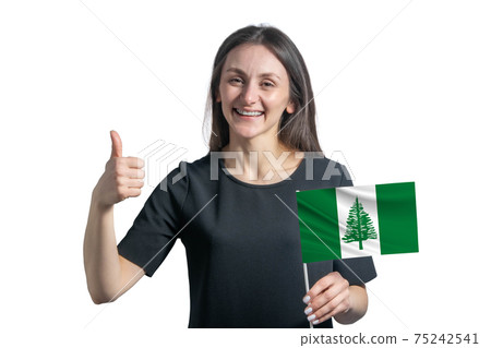 Happy young white woman holding flag of Norfolk Island and shows the class by hand isolated on a white background Happy young white woman holding flag of Norfolk Island and shows the class by hand isolated on a white background 75242541