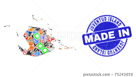 Production Collage Juventud Island Map and Made in Scratched Rubber Stamp 75243859