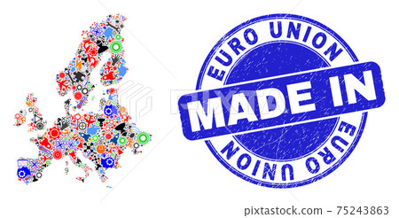 Production Mosaic Euro Union Map and Made in Grunge Rubber Stamp 75243863