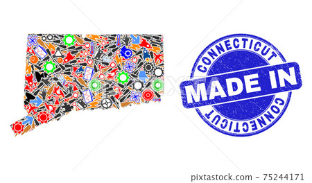 Industrial Mosaic Connecticut State Map and Made in Scratched Stamp 75244171