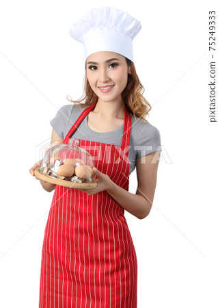 asian woman chef with white hat prepare cooking and white background asian woman chef with white hat prepare cooking and white background 75249333