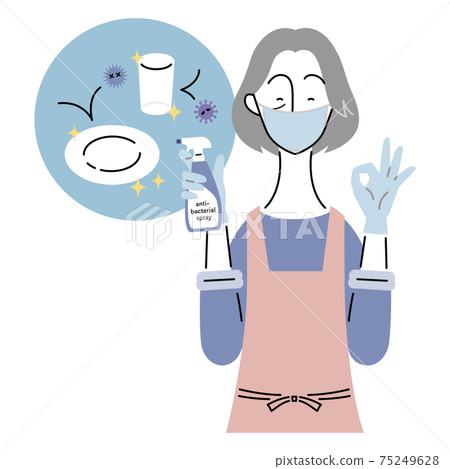 Senior woman keeping dishes clean (wearing mask, apron and gloves) Senior woman keeping dishes clean (wearing mask, apron and gloves) 75249628