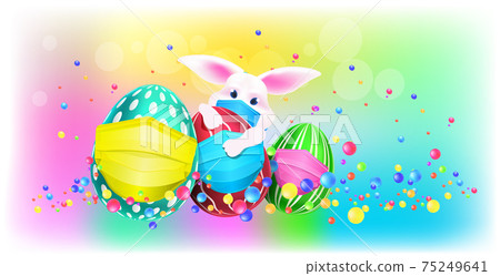 cute rabbit in mask with decorative eggs happy easter holiday celebration banner flyer or greeting card cute rabbit in mask with decorative eggs happy easter holiday celebration banner flyer or greeting card 75249641