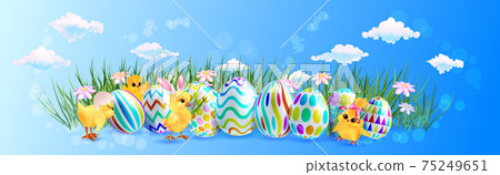 cute chicks with decorative eggs happy easter holiday celebration banner flyer or greeting card 75249651