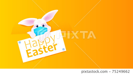 rabbit wearing mask to prevent covid-19 happy easter spring holiday celebration coronavirus quarantine 75249662