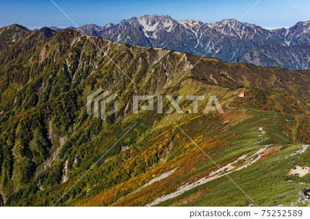 從治岳的攀登看來的田內山莊和立山山脈的秋天色彩 75252589