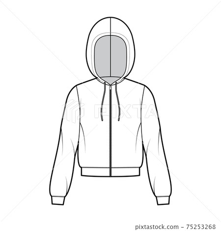 Zip-up Hoody sweatshirt technical fashion illustration with long sleeves, relax body, knit cuff, banded hem, drawstring 75253268