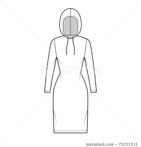 Hoody dress technical fashion illustration with long sleeves, knee length, fitted body, Pencil fullness. Flat apparel 75253311