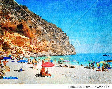A glimpse of one of the beaches of Sardinia with tourists relaxing in the summer. Digital watercolors 75253616