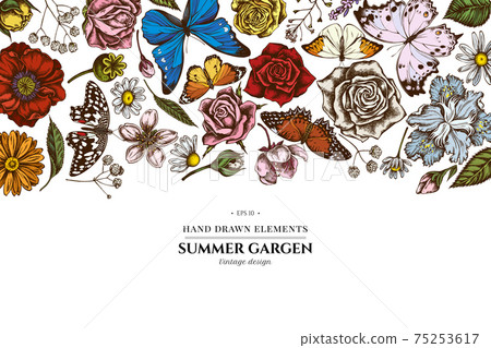 Floral design with colored shepherd s purse, heather, iris japonica, sakura, gypsophila, chamomile 75253617