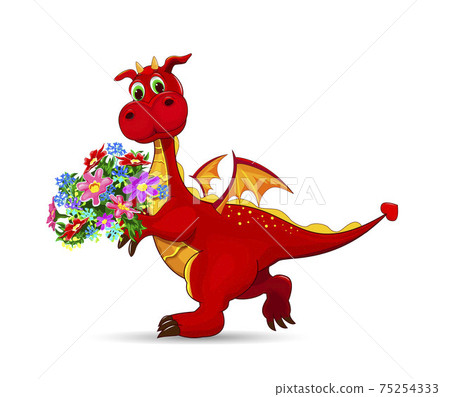 Red dragon with a bouquet of flowers Red dragon with a bouquet of flowers 75254333