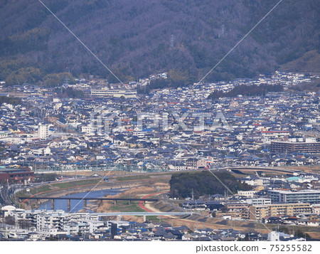 從奈良縣王子市妙神山上眺望大和川和近鐵生駒線（裡春市三鄉鎮王子市） 75255582