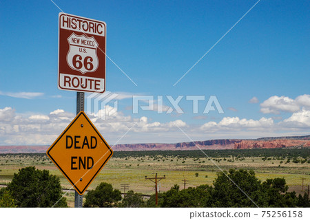Route 66 Dead End sign near Continental Divide in New Mexico, USA. August 6, 2007. Route 66 Dead End sign near Continental Divide in New Mexico, USA. August 6, 2007. 75256158