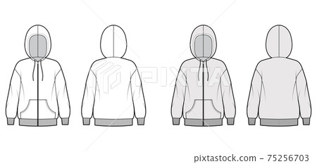 Zip-up Hoody sweatshirt technical fashion illustration with long sleeves, oversized, kangaroo pouch, rib cuff banded hem 75256703