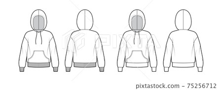 Set of Zip-up Hoody sweatshirt technical fashion illustration with long sleeves, oversized body, kangaroo pouch, knit 75256712