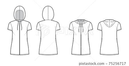 Set of Zip-up Hoody dresses technical fashion illustration with short sleeves, mini length, oversized body, Pencil full Set of Zip-up Hoody dresses technical fashion illustration with short sleeves, mini length, oversized body, Pencil full 75256717