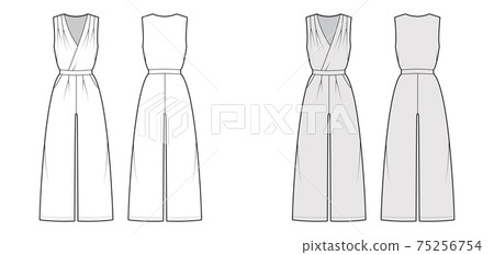 Playsuit romper overall jumpsuit technical fashion illustration with full length, normal waist, high rise, single pleat Playsuit romper overall jumpsuit technical fashion illustration with full length, normal waist, high rise, single pleat 75256754