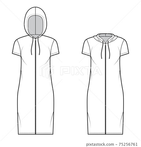 Set of Zip-up Hoody dresses technical fashion illustration with short sleeves, knee length, oversized body, Pencil full Set of Zip-up Hoody dresses technical fashion illustration with short sleeves, knee length, oversized body, Pencil full 75256761