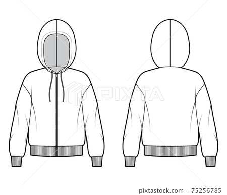 Zip-up Hoody sweatshirt technical fashion illustration with long sleeves, oversized body, knit rib cuff, banded hem 75256785
