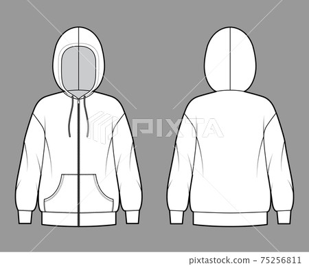 Zip-up Hoody sweatshirt technical fashion illustration with long sleeves, oversized body, kangaroo pouch, banded hem 75256811