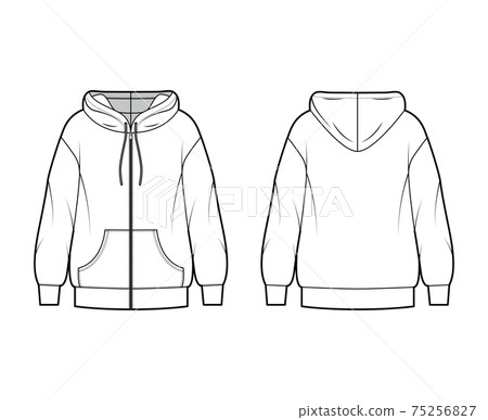Zip-up Hoody sweatshirt technical fashion illustration with long sleeves, oversized body, kangaroo pouch, banded hem 75256827