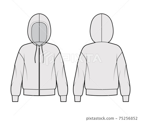 Zip-up Hoody sweatshirt technical fashion illustration with long sleeves, oversized body, cuff, drawstring. Flat apparel 75256852