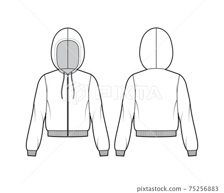 Zip-up Hoody sweatshirt technical fashion illustration with long sleeves, relax body, rib cuff, banded hem, drawstring Zip-up Hoody sweatshirt technical fashion illustration with long sleeves, relax body, rib cuff, banded hem, drawstring 75256883