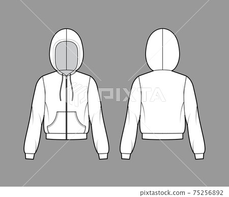 Zip-up Hoody sweatshirt technical fashion illustration with elbow long sleeves, relax body, kangaroo pouch, banded hem 75256892